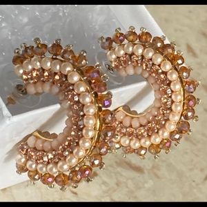 MIGNONNE GAVIGAN Signed Rose Gold, Crystal & Faux Pearl Hoop Earrings